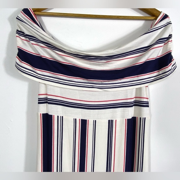 Ella Moss Striped Off Shoulder Midi Dress with Ruffled Bias Cut Hem Stretchy - Picture 7 of 11